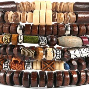 Unisex Ethnic Tribal Bracelet - Hemp Cords, Wood Beads, and Leather Wristband